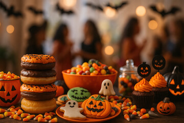 Halloween Party Treats: Donuts, Cookies, Candy, and Cupcakes with Festive Decorations