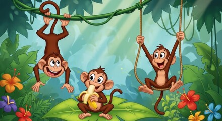Playful monkeys swinging through lush jungle vines surrounded by vibrant tropical flowers and green foliage