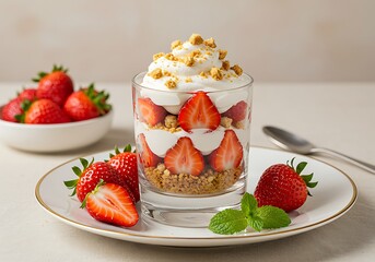 A beautiful and appetizing shot of a strawberry and cream dessert with a cookie crumb topping