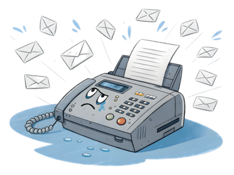 Frustrated fax machine overwhelmed with mail,isolated on white background