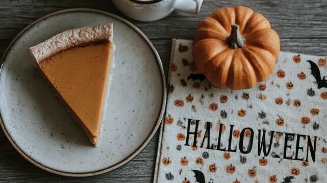 Delicious slice of pumpkin pie on a plate with coffee and Halloween decoration on a wooden table, creating a cozy and festive autumn atmosphere perfect for celebrating the holiday season