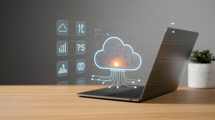 Securely access your digital world with this modern laptop displaying cloud computing and data analytics icons for seamless business operations