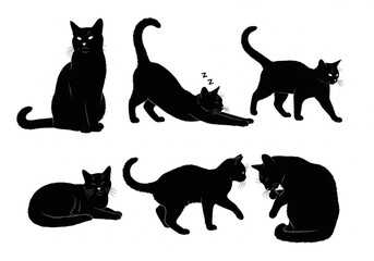 set of cats, cat vector , Cat Poses Vector , Cute Cats Doodle Set , black and white cat vector set, Line Art Cats vector, set of cat silhouette,