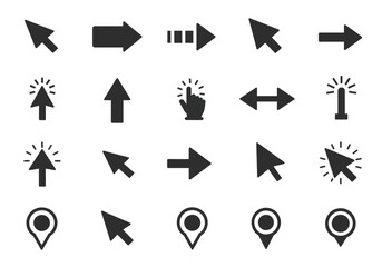 Collection of computer cursor and directional icon designs in a grid
