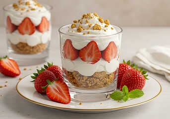 A beautiful and appetizing shot of a strawberry and cream dessert with a cookie crumb topping