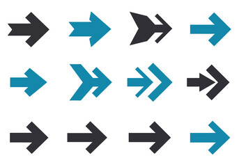 Twelve arrows of various designs arranged in a grid pattern colored either black or teal