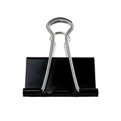  Sleek black binder clip with silver metallic arms, isolated on white. Perfect for office supplies, organization, or minimalist design projects.