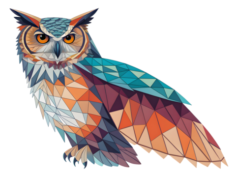 Stunning geometric owl art with vibrant colors, perfect for creative design projects and wildlife themes,isolated on white background