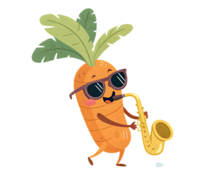 Groovy carrot character plays soulful saxophone music with sunglasses,isolated on white background