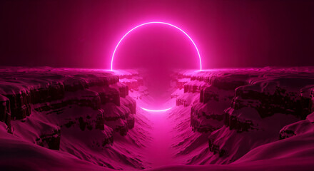 A glowing neon pink ring hovers over a deep canyon on a desolate, rocky planet, creating a futuristic and mysterious atmosphere