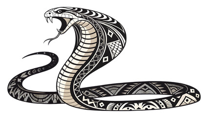Obraz premium Detailed cobra snake illustration featuring tribal tattoo art for edgy apparel designs or unique logo concepts,isolated on white background