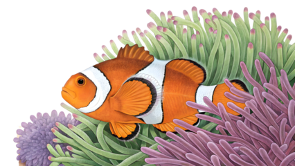 Clownfish swimming gracefully among vibrant sea anemones,isolated on white background
