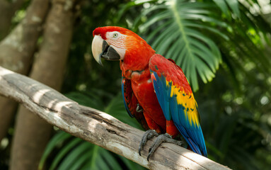 Obraz premium Vibrant scarlet macaw parrot perched on a textured branch amidst lush tropical greenery and sunlight