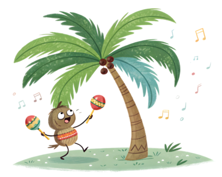 Dancing coconut character playing maracas under palm tree,isolated on white background
