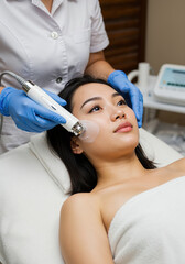 Fototapeta premium Skin Rejuvenation Treatment: A close-up shot of a woman undergoing a professional skin rejuvenation treatment, a serene beauty salon setting.