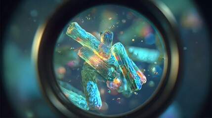 Microscopic View of Iridescent Crystals in Teal and Blue