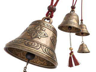 Ornate golden bells chime with vintage elegance,isolated on white background