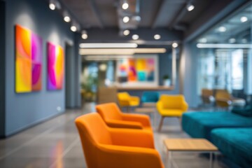 Blurry waiting room with orange chairs and colorful art on the walls