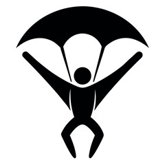 Stylized Black Silhouette of Parachutist with Open Parachute Against White Background For Design