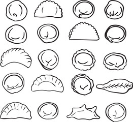 Doodle illustration of dumplings. Making dumplings. Varieties of ravioli.
