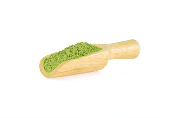 Scoop of green matcha powder isolated on white
