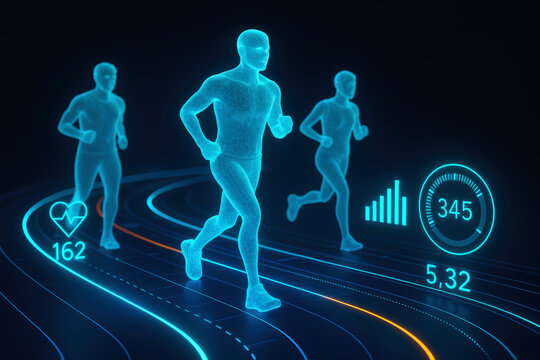 Futuristic Digital Runners on a Track with Health Data and Performance Metrics running athletes