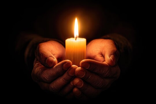 Hands gently cradling a burning candle in the dark