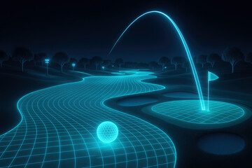 Futuristic holographic golf course with a golf ball in motion and a glowing grid overlay sport recreation