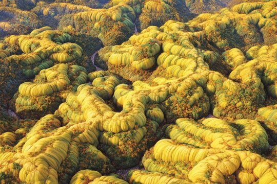 Atop a landscape of rounded, yellow-green,  organic forms