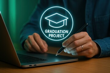 Student completing graduation project using laptop with digital graduation cap icon glowing neon