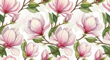 Delicate pink magnolia blossoms pattern gentle floral background spring bloom
