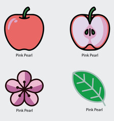 Illustrations of a pink apple, its cross-section, a flower, and a leaf, all labeled 'Pink Pearl'