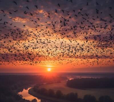 Flock of birds migrating across sunset sky