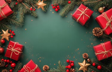 Festive Scene With Red Gifts and Holiday Decorations on a Green Background.