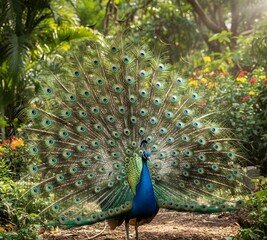 Obraz premium Peacock with open feathers in natural setting
