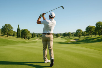 Golfer in white shirt and khaki pants swings a club on a green golf course