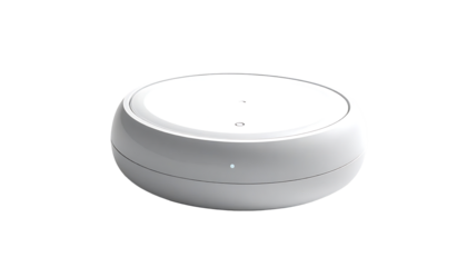 Sleek, white, disc-shaped device with subtle curves, three small top-mounted indicators, and a single bottom indicator light