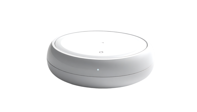Sleek, white, disc-shaped device with subtle curves, three small top-mounted indicators, and a single bottom indicator light