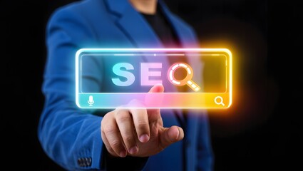 Digital marketing professional interacting with a glowing seo search bar interface