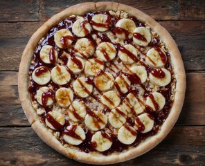 Round pizza topped with sliced bananas, a sweet sauce, and a sprinkle of cheese