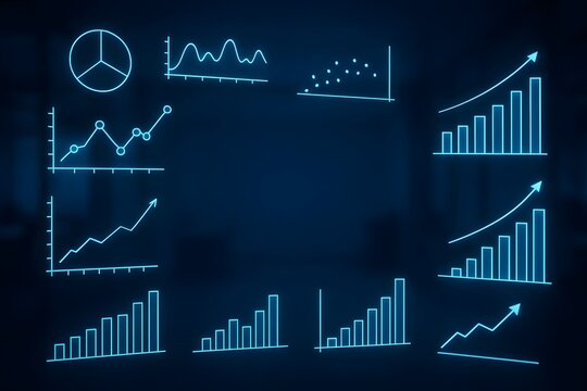 Set of Neon Blue Data Charts on Dark Background for Analytics and Business Intelligence