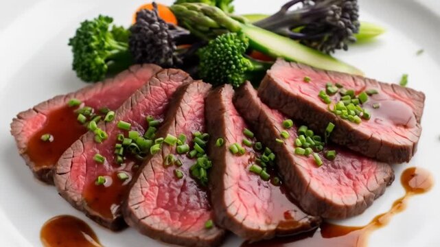 Sliced steak with vegetables in a gourmet presentation.