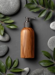 Wooden pump bottle surrounded by gray stones and green leaves on a dark gray surface