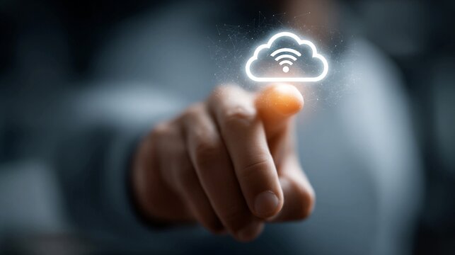 Hand interacting with holographic display showing Wi-Fi connectivity, mobile signal, and cloud backup icons symbolizing internet-driven remote work and digital mobility solutions
