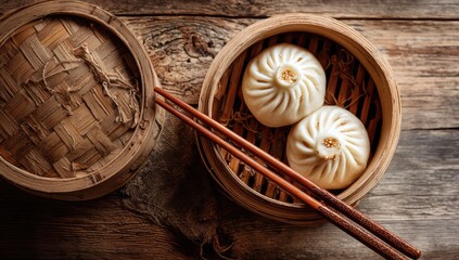 Steamed buns in bamboo steamer on rustic wood