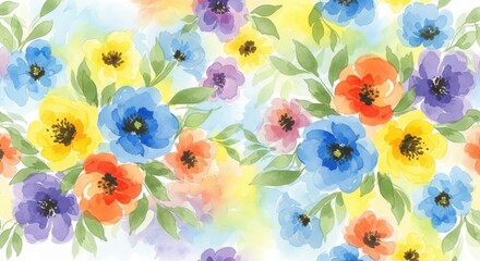 Vibrant watercolor floral pattern featuring colorful blooms and green leaves