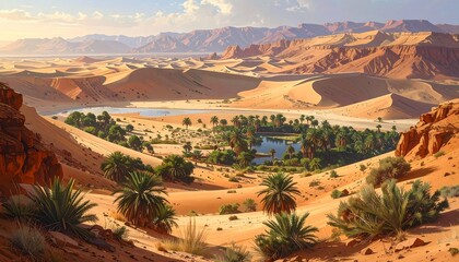 Expansive desert landscape with palms and water