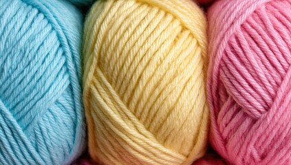 Close-up of three balls of pastel yarn