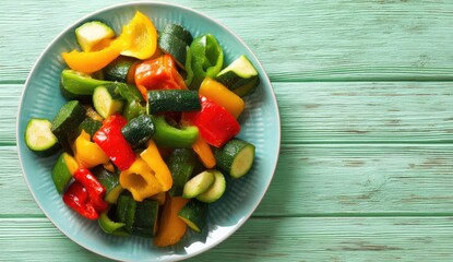 Colorful medley of diced zucchini and bell peppers on a light teal plate