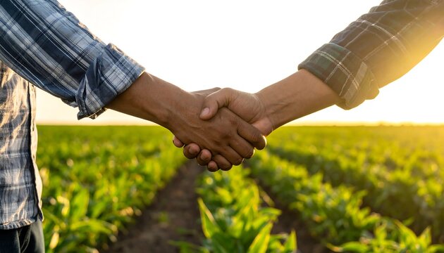 Farmers shaking hands in a green field.